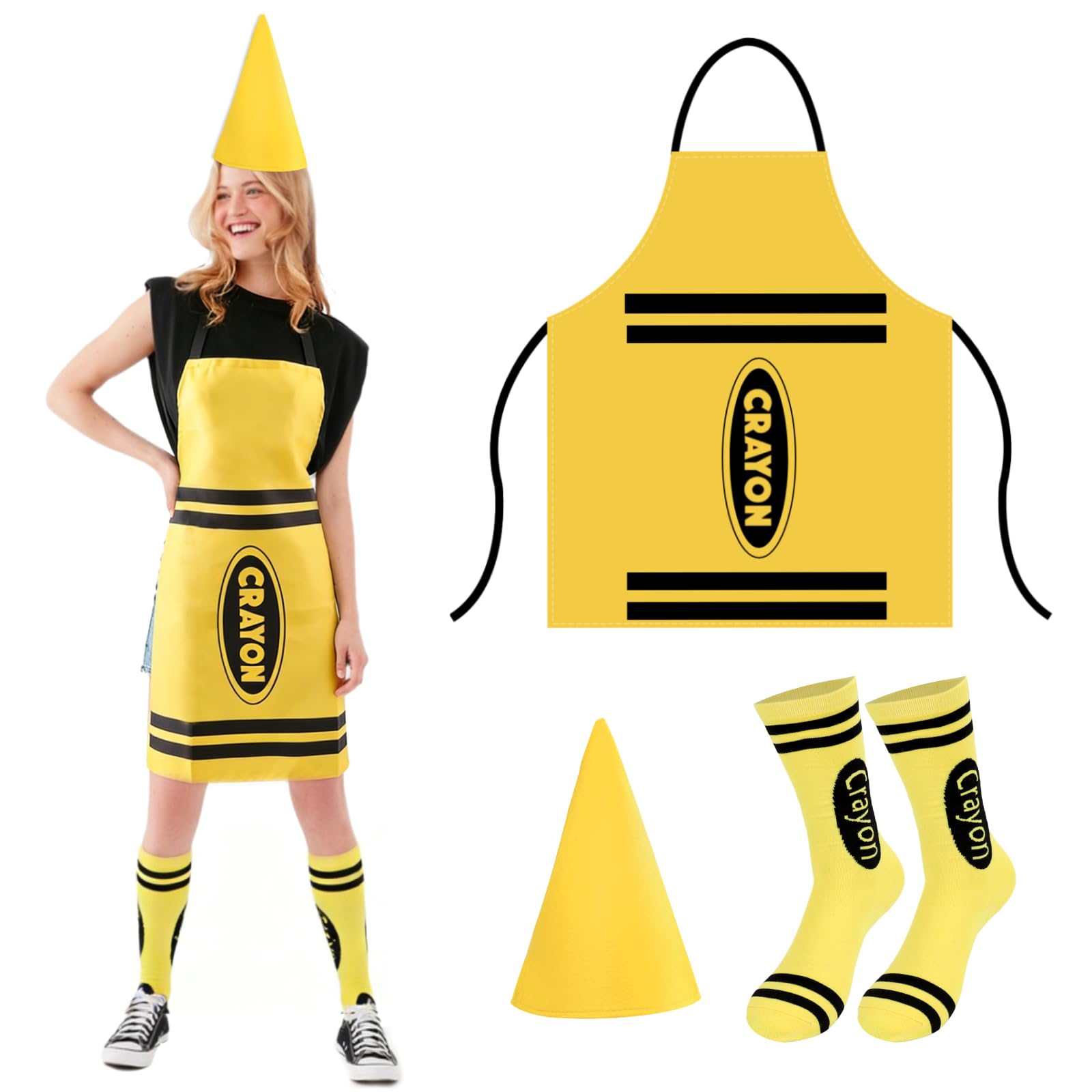 Crayon Costume Adult 3Pcs,Colorful Crayon Fancy Dress Include Crayon Apron, Funny Cone Hat And Striped Socks,Unisex World Book Day Costumes,Halloween Party Christmas Group Cosplay Outfits (Yellow)