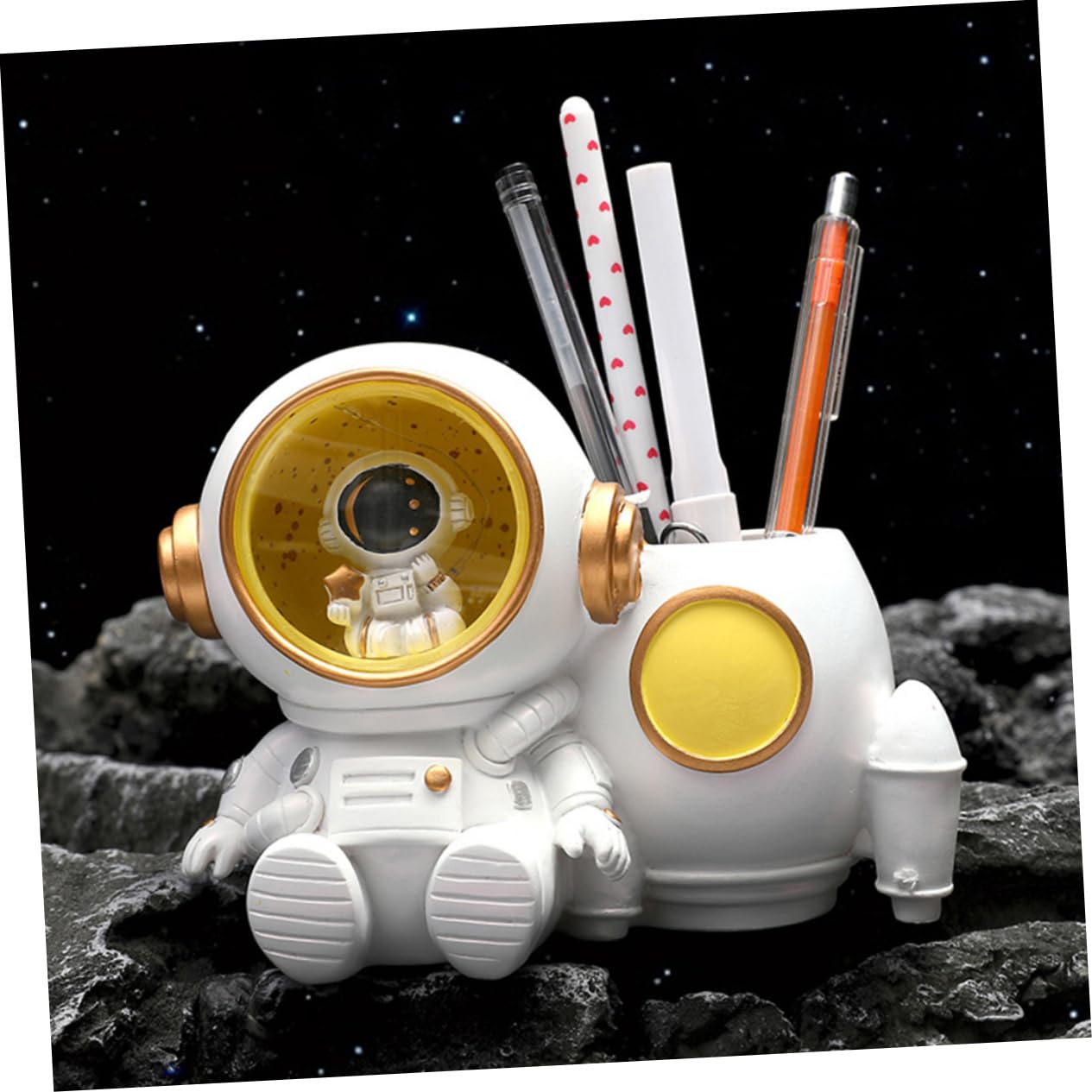 Portapenne Astronauta in Resina con Luce Led, Capacità Grande per Penne e Biglietti da Visita, Accessorio Ufficio Bianco per Scrivania Bambini