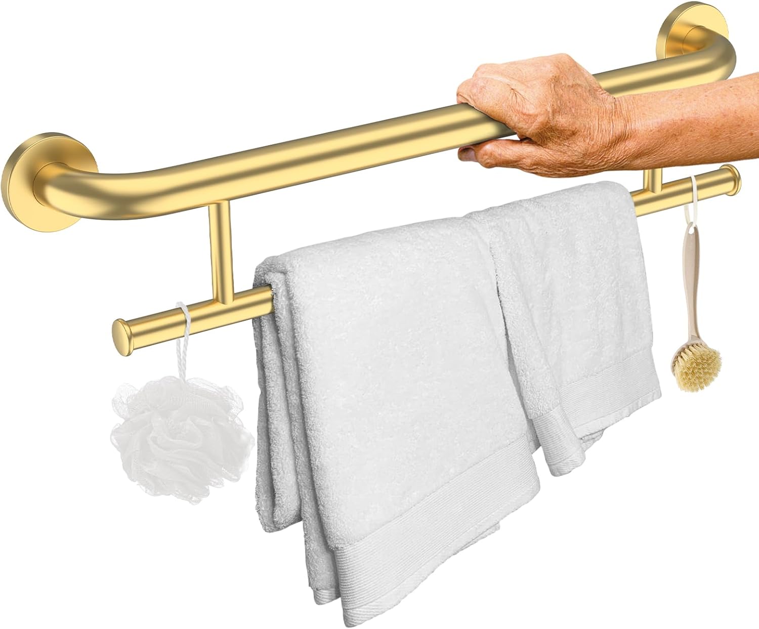“Maybe missing pieces “Brushed Gold Grab Bar 24 Inch w/Towel Holder, iHansee Stainless Steel Towel Rack Shower Support Balanced Support Handle, Wall Mount Safety Handrail Grab Rail for Elderly Senior Handicap Disabled 24 Inch Gold