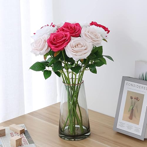 Miniatura 5 de 10 rosas artificiales abiertas, tallos de rosas artificiales para arreglos de boda, ramo de novia, centro de mesa, flores de seda sintética falsas