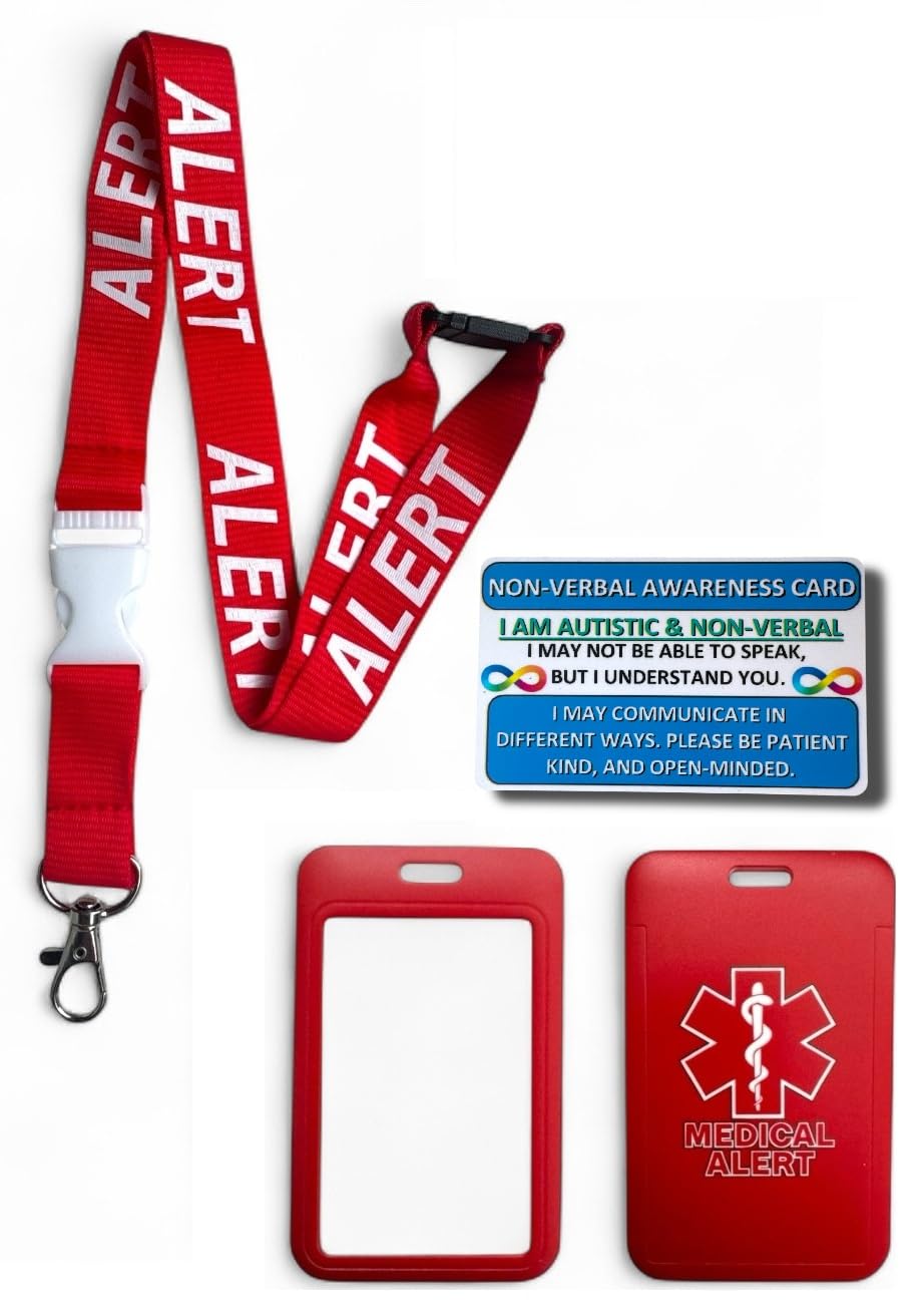 Medical Alert Lanyard with Matching Enclosed Card Holder & Medical Awareness Card (Non Verbal Autistic Blue)