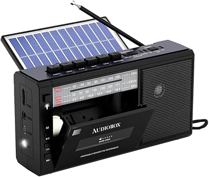 مشغل كاسيت بلوتوث قابل لإعادة الشحن بالطاقة الشمسية من Audiobox مع مصباح يدوي LED مدمج، تصميم ريترو محمول، متوافق مع بطاقة USB/TF/AUX، مثالي للتخييم والسفر