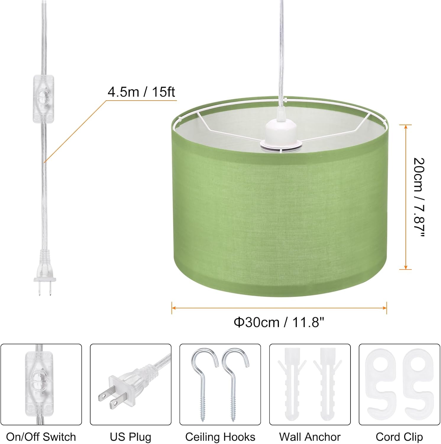 PATIKIL Plug in Pendant Light, 15Ft Rope Cord Hanging Lamp Fixture with ON/Off Switch, Linen Fabric Shade E26/E27 Bulb Socket for Bedroom Kitchen Living Room, Light Green