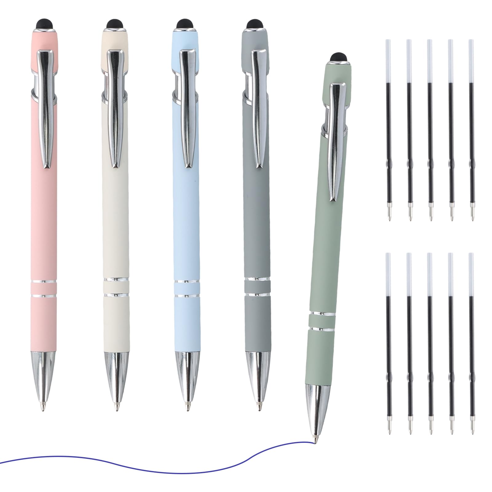 xianynow Pack of 5 Metal Ballpoint Pens with Non-Slip Grip Zone, 2-in-1 with Touch Pen, Large Ballpoint Pen Set for Office and Household, Includes 10 Refills, Line Width 0.7 mm (Blue)