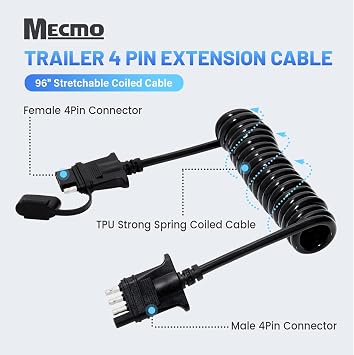MECMO 7.5ft 4 Pin Flat Trailer Wire Extension, Coiled Cable - 4 Way Vehicle & Trailer Wiring Harness Adapter, Heavy Duty Jacketed - 7.5 Feet / 90 Inch