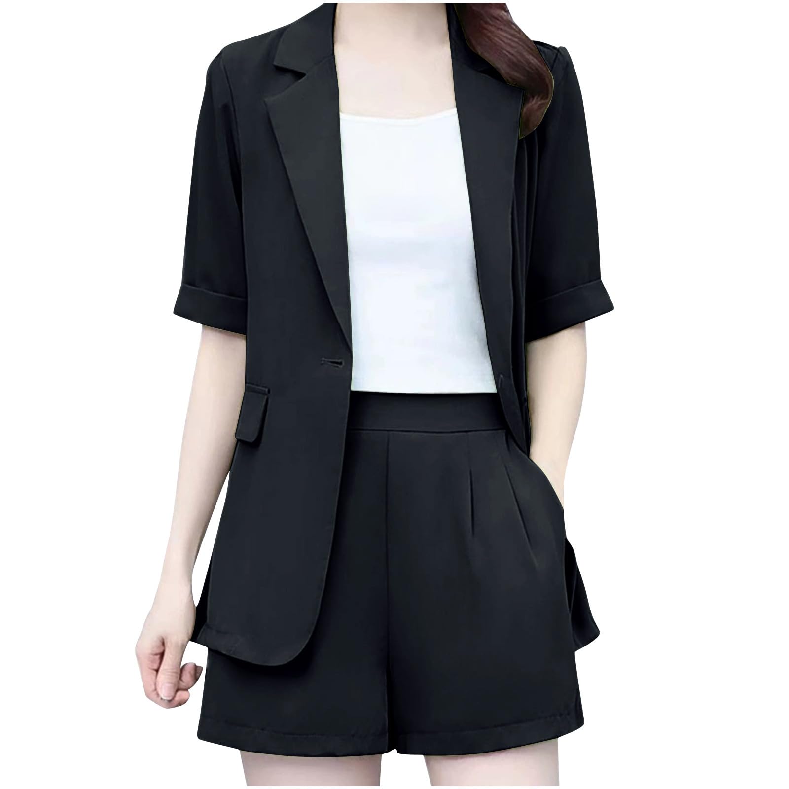 Womens Plus Size Business Outfits Notch Lapel Short Sleeve Buttons Blazer and Elastic Waist Shorts Office Suit Sets