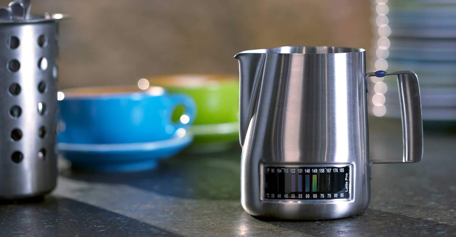ANDRONICAS Latte Pro Milk Jug Thermometer (Silver, 600 ML) With Three Colour Indicator Buttons