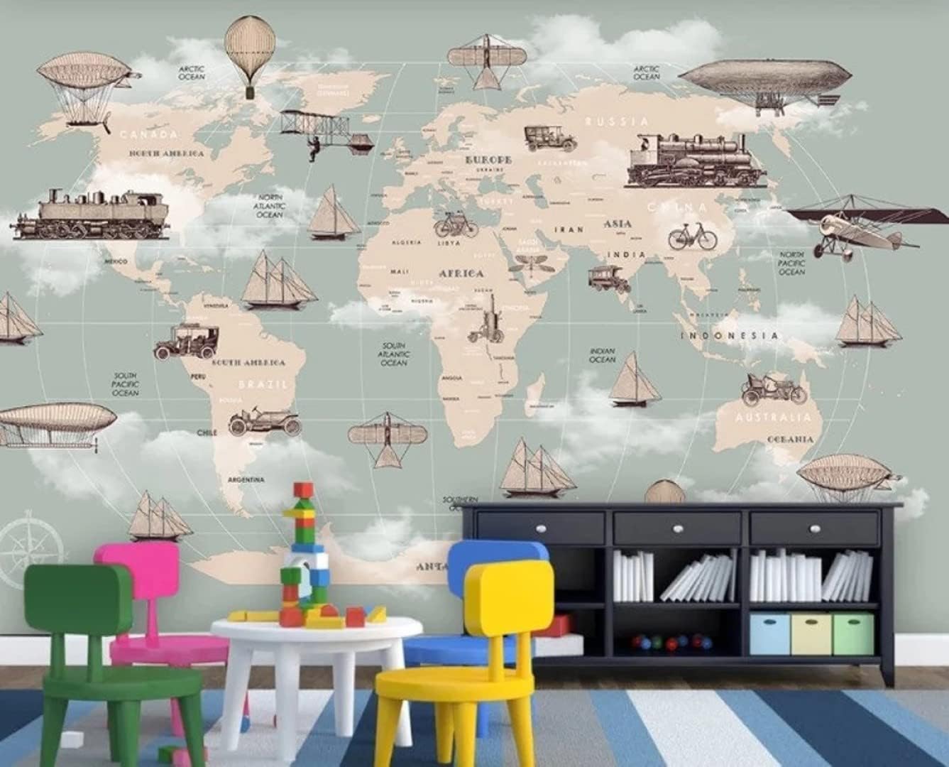 Children Eellipse World Maps Transport Vehicles Peel and Stick Wallpaper Wall Removable 100''H x 150''W