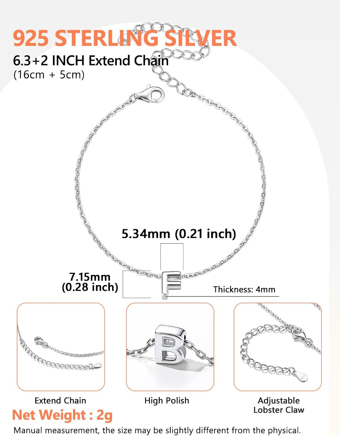 Silvora S925 Sterling Silver Initial Letter Bracelet - A to Z, 6.3" + 2" Adjustable Personalized 26 Alphabet Jewelry Initial Bracelet for Women - Image 4