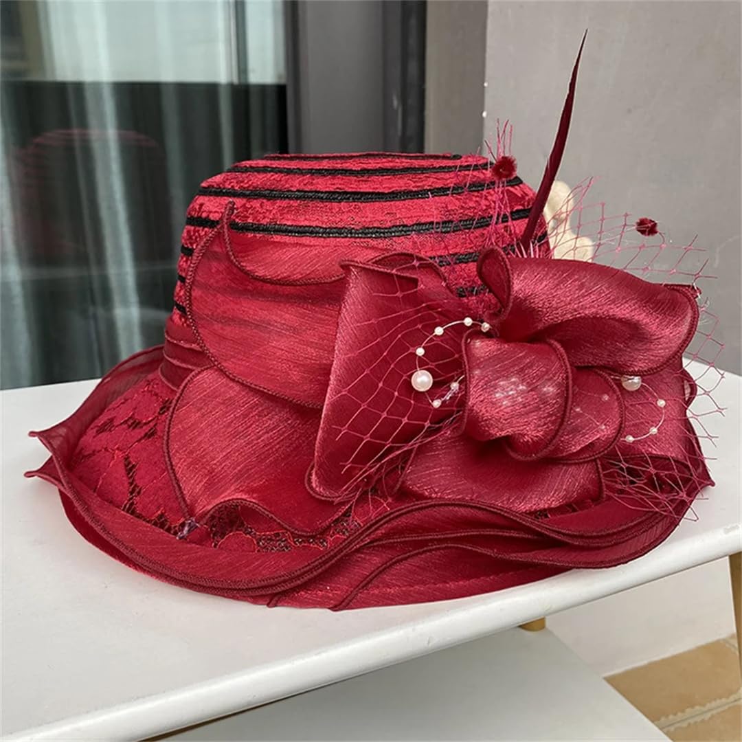 Yeuyyben Cappello da chiesa da donna, elegante, con fiocco a tesa larga, cappello da pescatore Fedora da donna estivo pieghevole