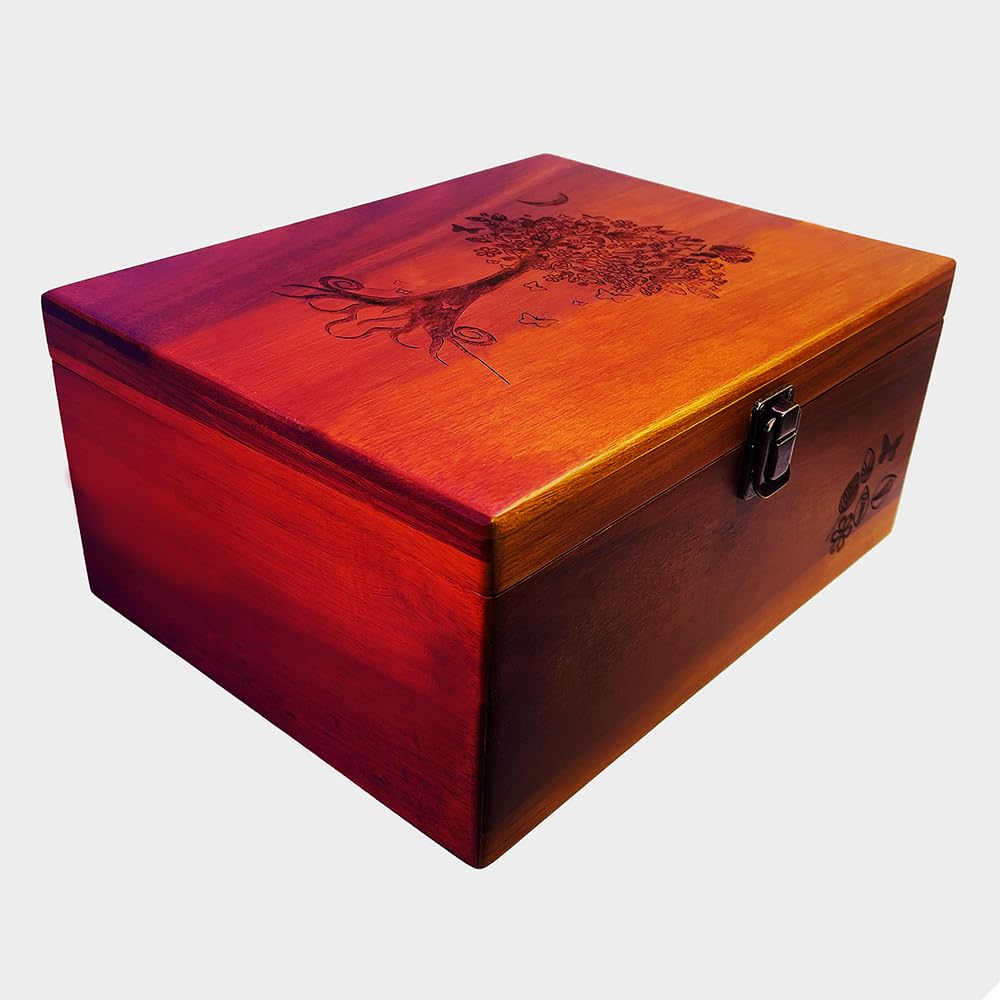 Active Lotus Tree of Life Large Premium Wood Keepsake Box with Hinged Lid and Metal Latch Storage Boxes with Lid Engraved Tree Design Gift Box