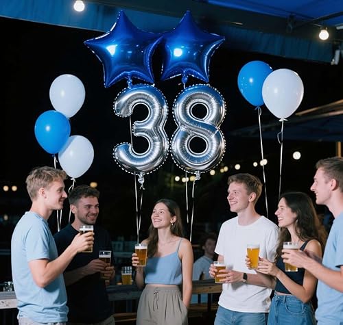 Vista 15 de Decoración de fiesta de cumpleaños número 31, color azul plateado para hombres, pancarta de feliz cumpleaños número 31, globos de papel de aluminio