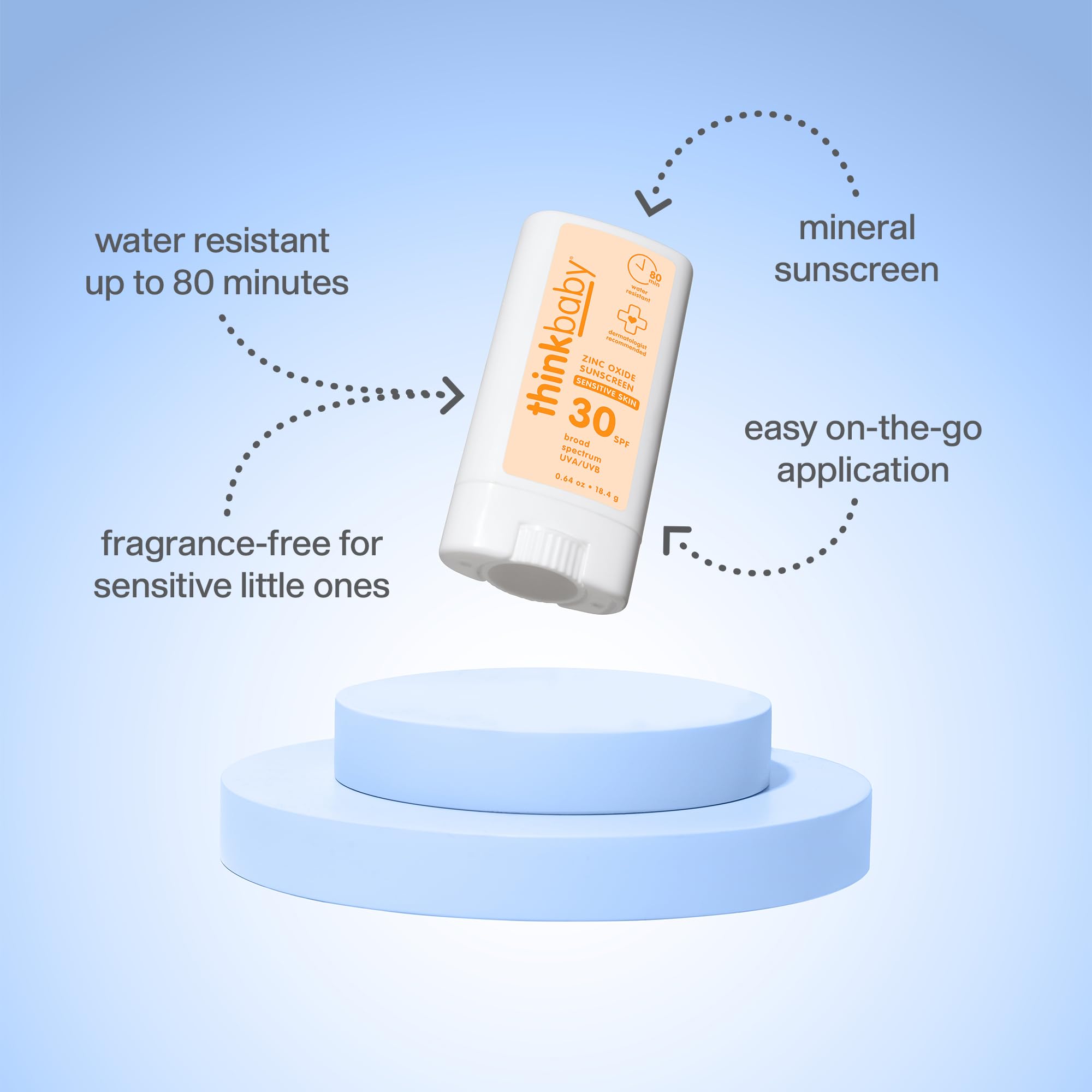 Thinkbaby SPF 30 Kids Sunscreen Stick for Sensitive Skin, 0.64 oz, Baby Sunscreen with Non-Nano Zinc Oxide 24%, Broad Spectrum UVA/UVB Protection, 80-Minute Water Resistant, Reef Friendly SPF Stick - 3