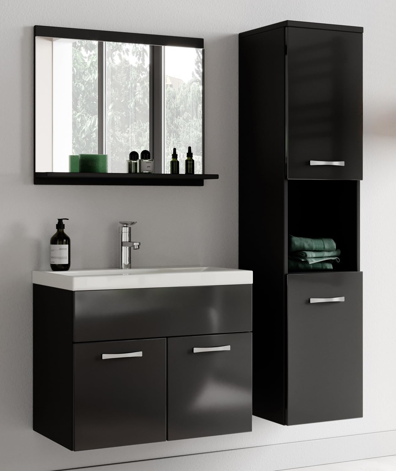 Badplaats B.V. Meuble de Salle de Bain Montreal 60 cm lavabo Noir Brillant - Armoire de Rangement Meuble lavabo evier Meubles