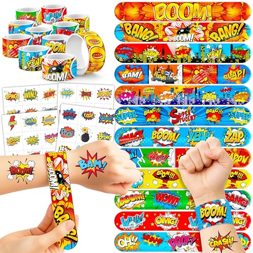 Cherisnowy 72PCS Hero Party Set - 48PCS Temporary Tattoos & 24PCS Slap Bracelets - Themed Pow Birthday Supplies Baby Shower Gifts Classroom Rewards & Party Decor for Kids