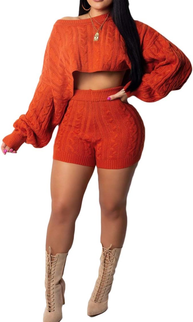 JUNBOON Women's Casual 2 Pieces Outfits Solid Long Sleeve Knitted Sweater Crop Top Bodycon Shorts Tracksuits Set