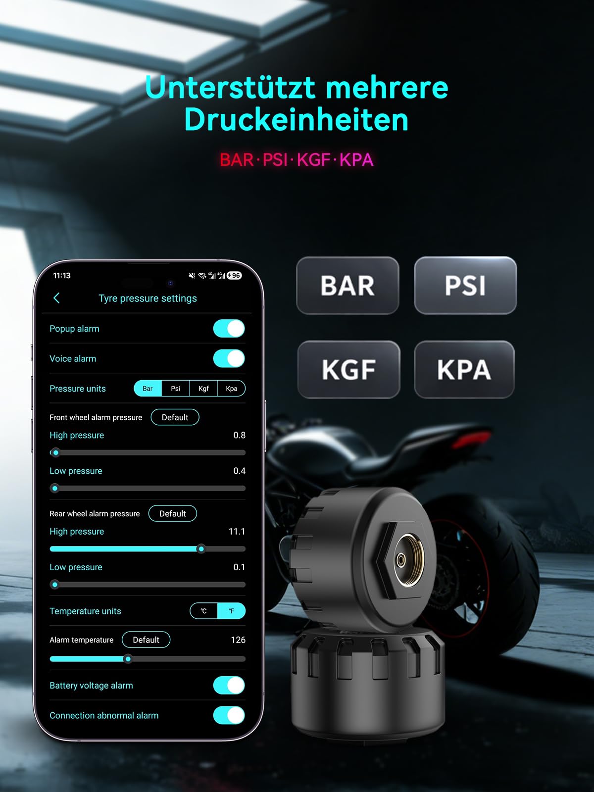 Spedal Reifendruckkontrollsystem TPMS für Motorrad – Bluetooth Reifendrucksens mit App: Druck & Temperatur präzise, Wasserdicht, Echtzeit-Alarm, für iOS & Android (3)