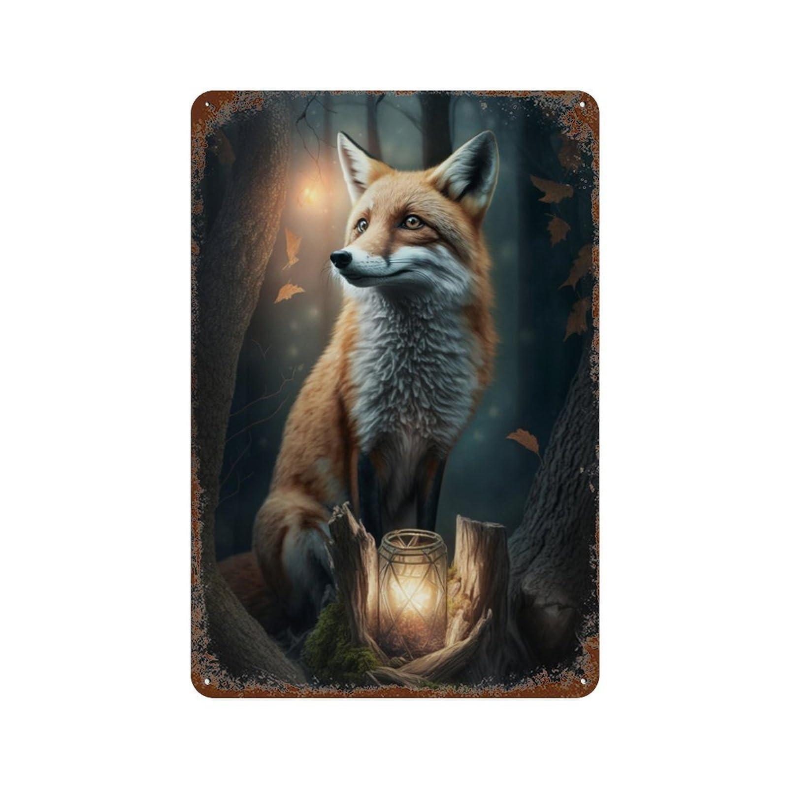 Garage Style Enchanted Forest Fox Lantern Decorative Tin Sign 11.8"x7.9", Novelty Wall Decor for Bar And Workshop