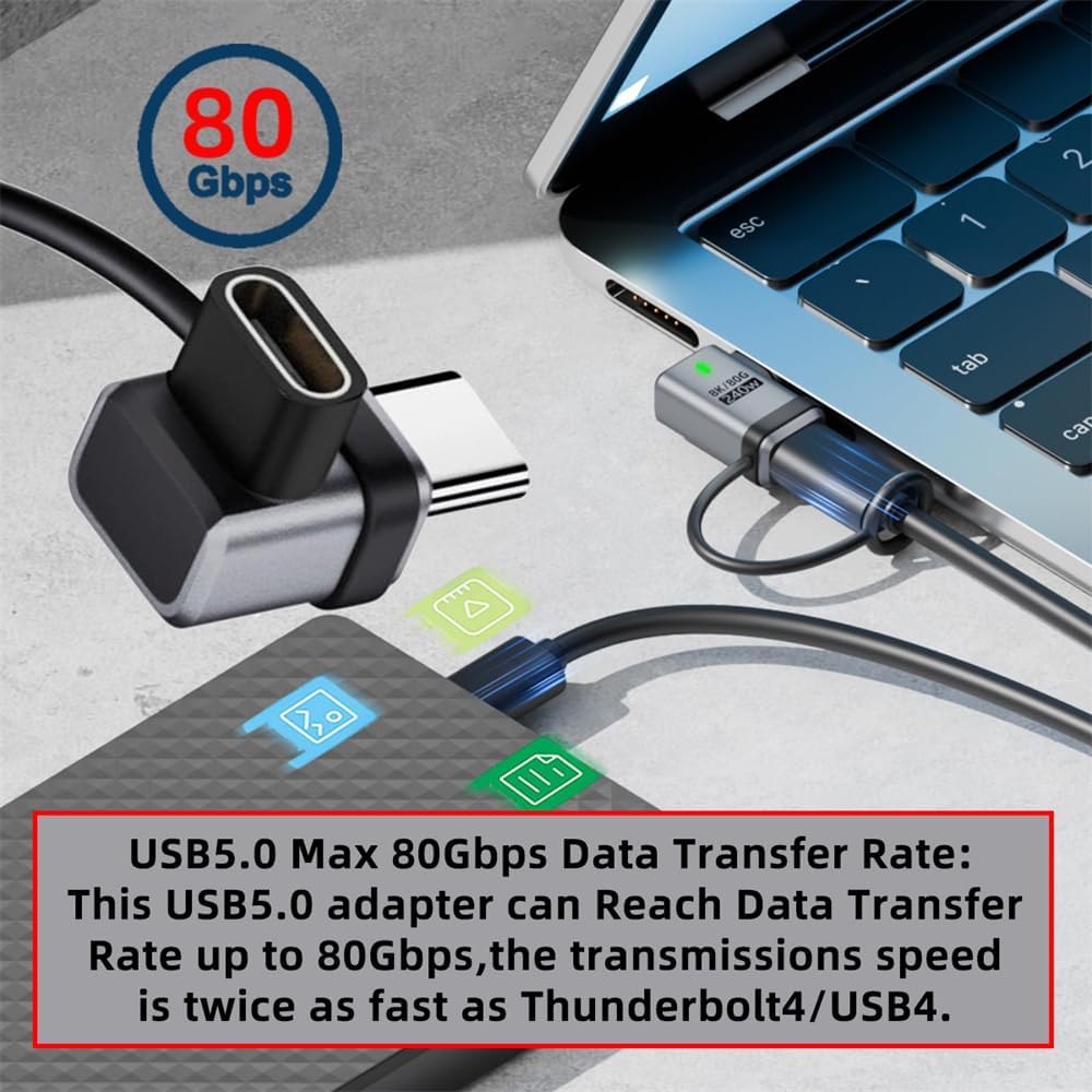 xiwai USB5.0 80Gbps Male to Female Low Profile Down Up Angled 90 Degree USB C Extension Adapter with Strap Tether Lanyard Keychain 240W 16K 8K 5K Compatible with USB4.0 Thunderbolt3/4/5