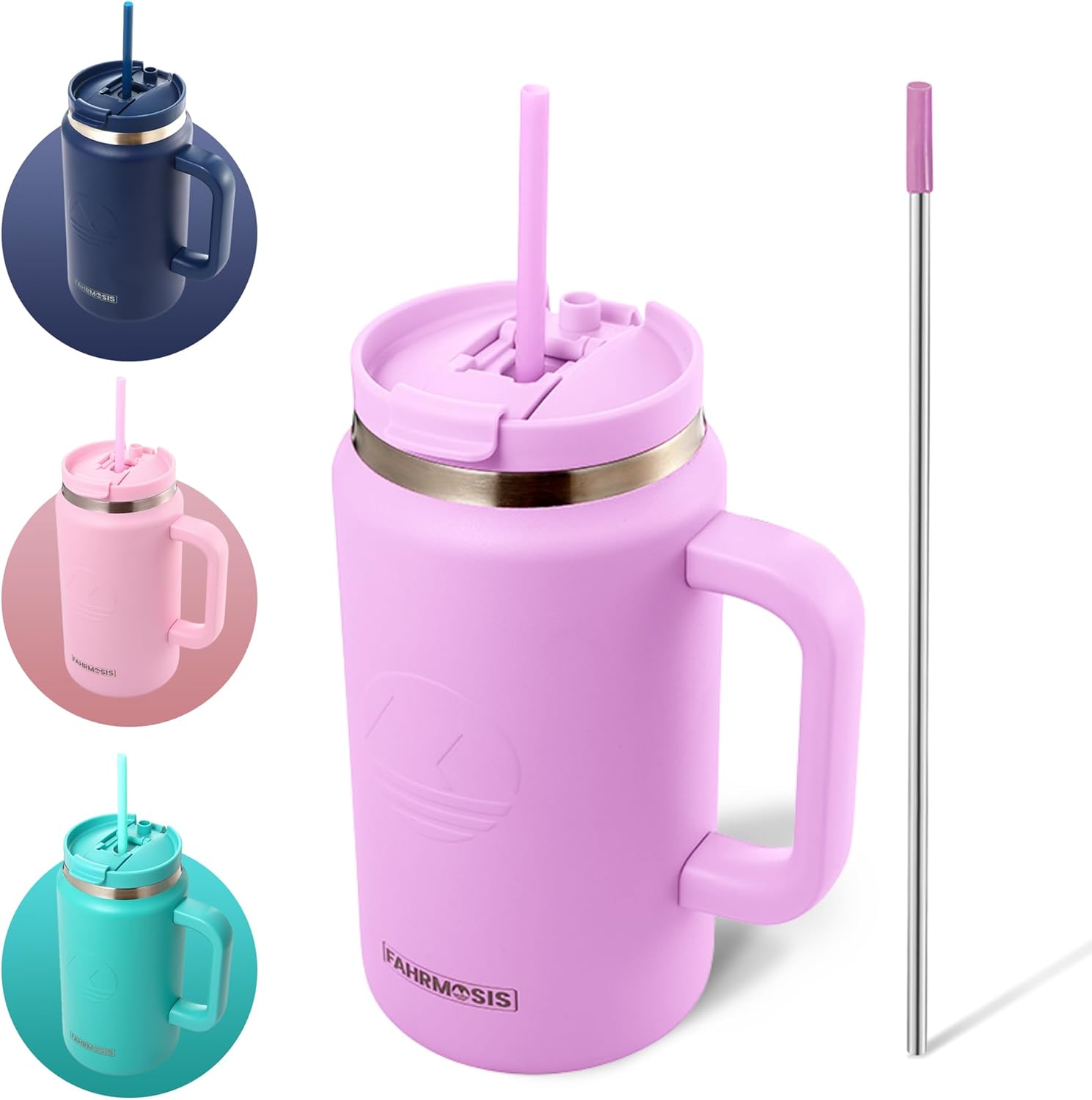 FAHRMOSIS 50 Oz Tumbler with Handle and Straw Large Insulated Tumbler Stainless Steel Travel Mug for Hot & Cold Drinks, Reusable Water Bottle with Lids and Straw - Lavender