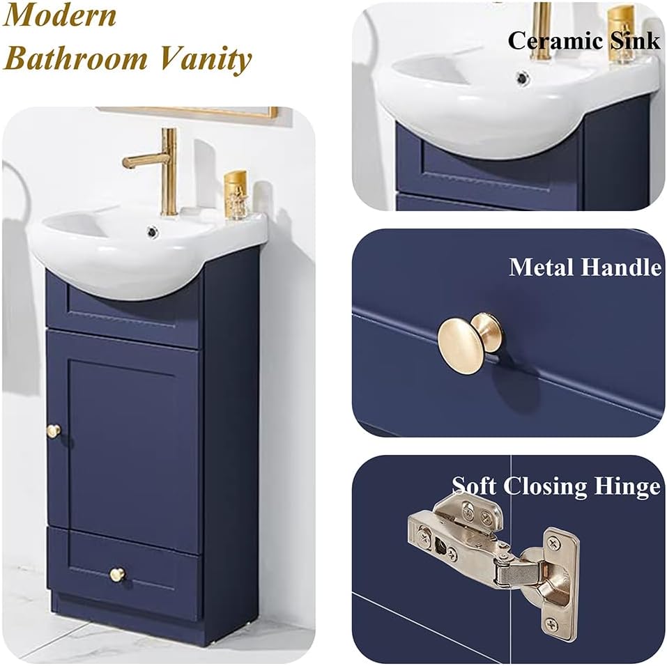 18 Inch Small Bathroom Vanity, Blue Sink Combo, Narrow Set for Small Space, Modern Bath With 1 Door and 1 Drawer