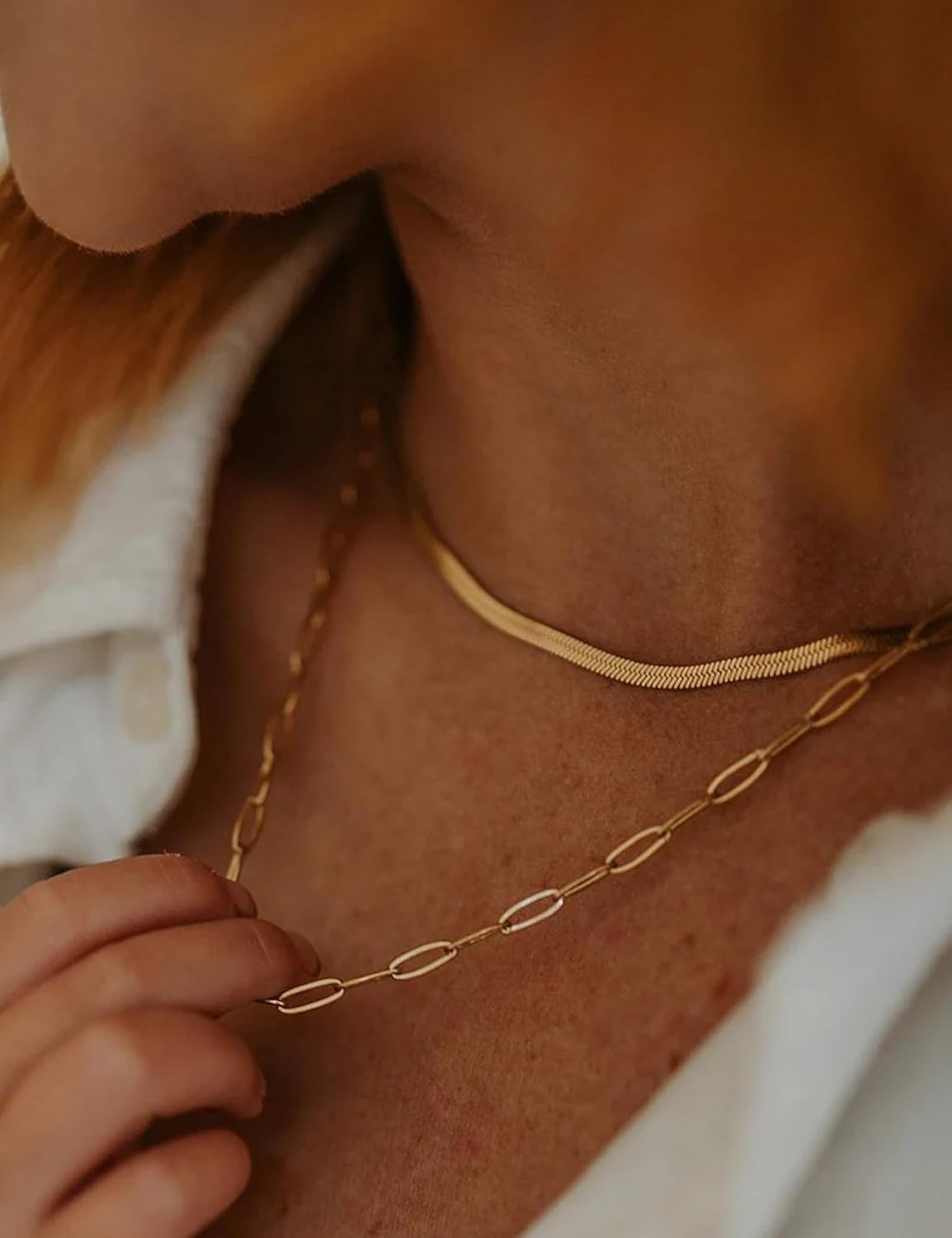 18K Gold Plated Layered Necklaces for Women, Dainty Paperclip Herringbone Link Chain Gold Necklace Stack for Women - Image 2