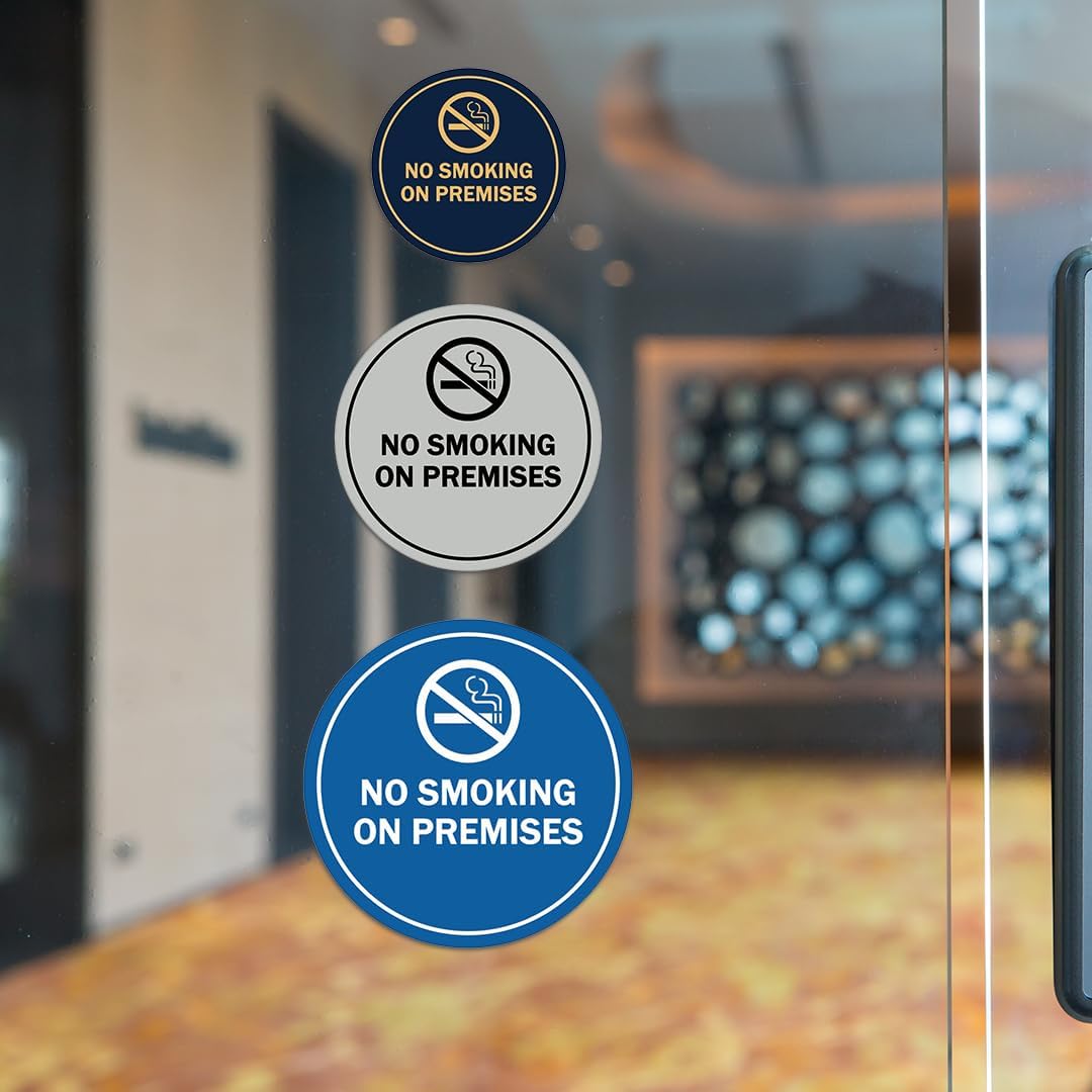 Signs ByLITA Circle No Smoking on Premises Sign with Adhesive Tape, Mounts On Any Surface, Weather Resistant, Indoor/Outdoor Use (Brushed Gold) - X-Large (2 Pack)