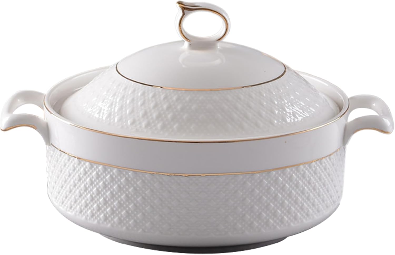 Tureen, Ceramic, 1.5L White Serving Bowl with Gold Border, Double Handle, Soup Tureen with Lid and Ladle Set for Pasta, Soup