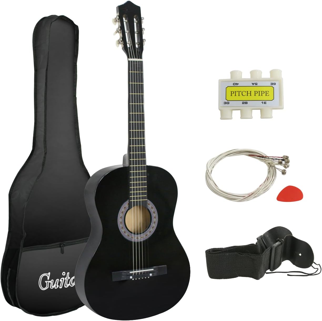 Smartxchoices 38" Kids Acoustic Guitar Bundle Kit for Starter Beginner Music Lovers, 6-String Folk Guitar with Gig Bag, Extra Set Steel Strings, Strap, Pitch Pipe and Pick, Black