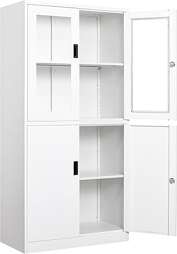 SISESOL Armario de almacenamiento con puertas y estantes de vidrio, armario de despensa de cocina independiente para el hogar, oficina, baño Negro