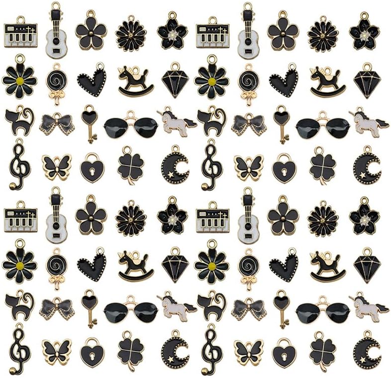 Youdiyla 60pcs Alloy enamel black series flower heart set Pendant Jewelry Making DIY Keychain Earrings Pendant Various Design Charms for Jewelry Making Bracelets Necklace(SN994)