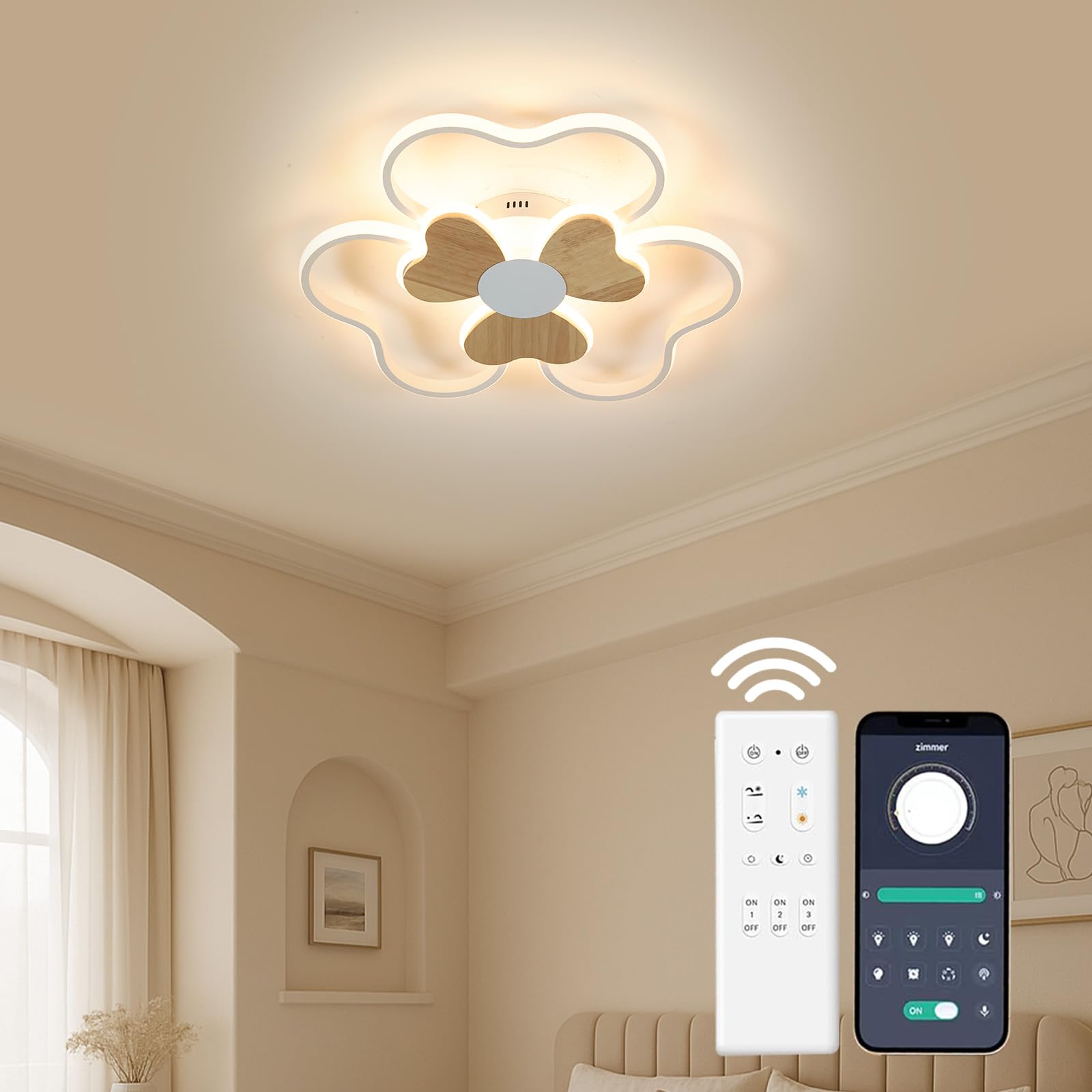 BLMYL LED Ceiling Light Flower Shape Wood Ceiling Light Dimmable 3000K-6000K 48W 50cm lamp Ceiling for Children's Rooms for Living Room Baby Bedroom with Night Light Function