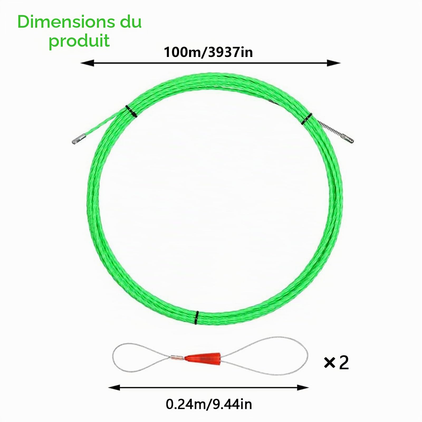 Aiguille Electricien, 100 m 4,5 mm Tire Fils Electrique Tire Cable Electrique Tire Fils Electricien Aiguille Baguette Tire Fil Electricien avec 2 Ressorts de Guidage, Vert