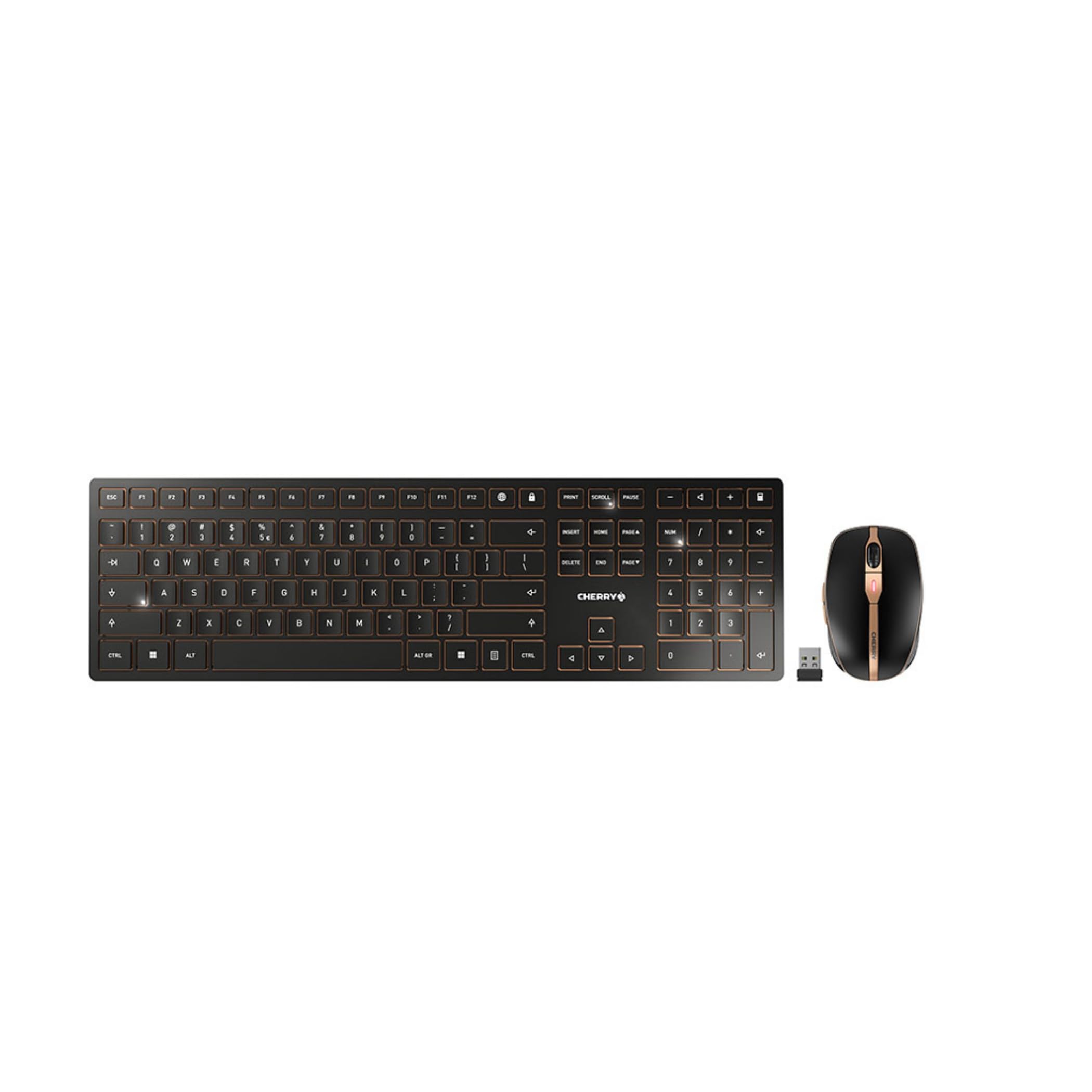 CHERRY DW 9000 SLIM, Set di Tastiera e Mouse Senza Fili, Layout per l'UE (QWERTY), Bluetooth e Radio 2,4 GHz, Pulsanti Silenziosi, Ricaricabile, Nero-Bronzo