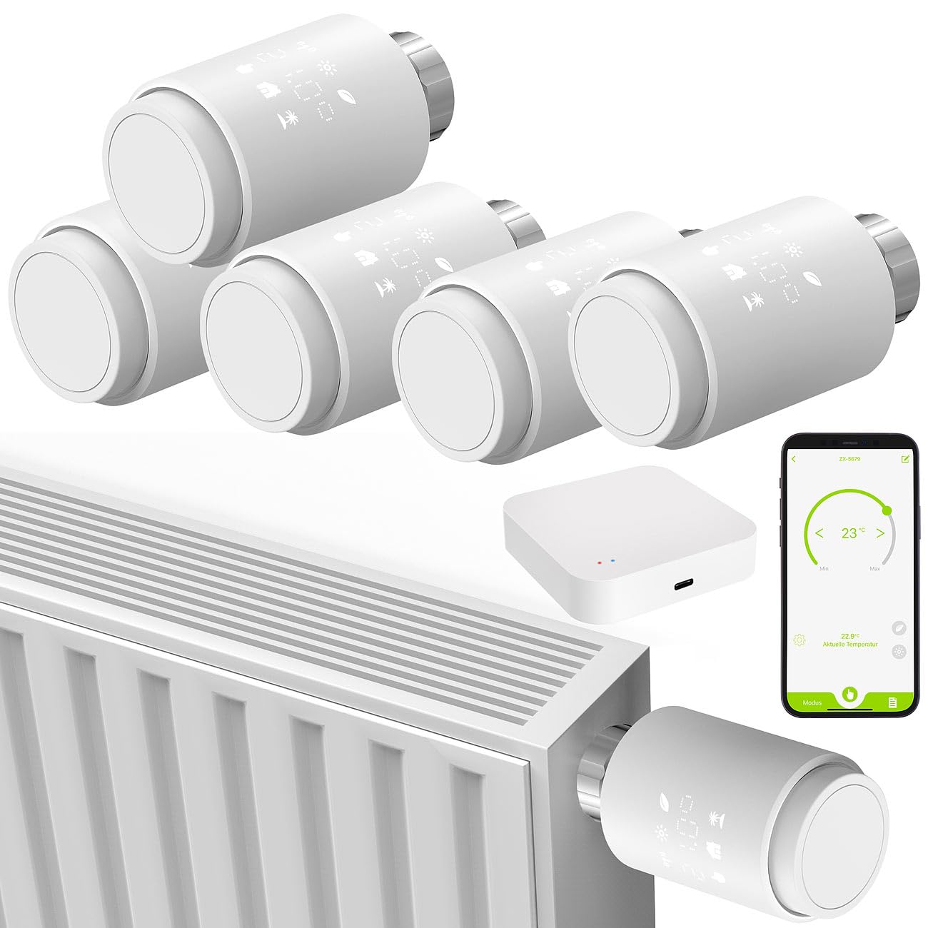 revolt ZigBee Thermostat: 5er-Set smarte Heizkörperthermostate mit Display, App, ZigBee-Gateway (Thermostat WLAN, WLAN Heizkörper, Heizung)