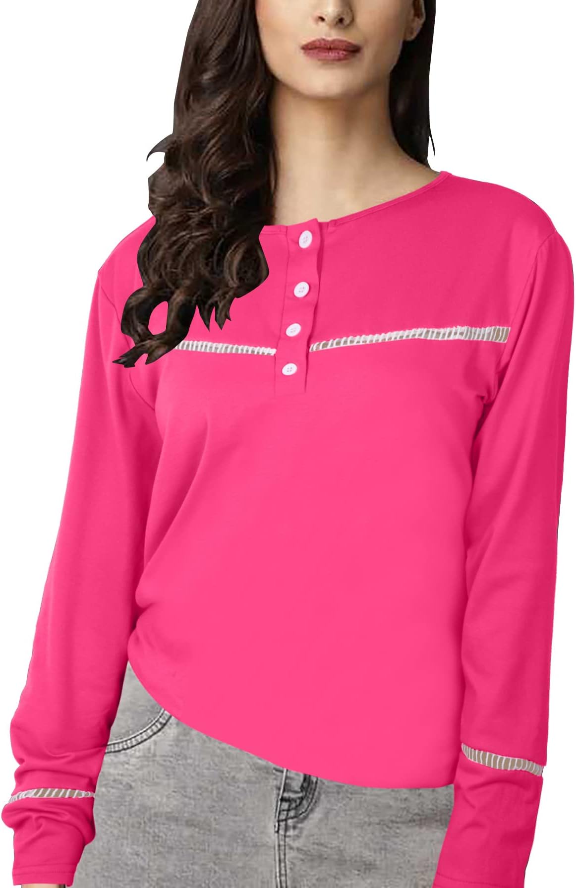 FLOYU Women's Long Sleeve Button Henley Shirt Loose Casual Tunic T-Shirt Lace Hollow Blouses Head Tops
