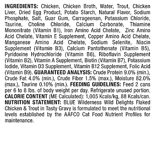 Image of Blue Buffalo Wilderness Wild Delights High Protein Grain Free, Natural Adult Flaked Wet Cat Food, Chicken & Trout 3-oz cans (Pack of 24)