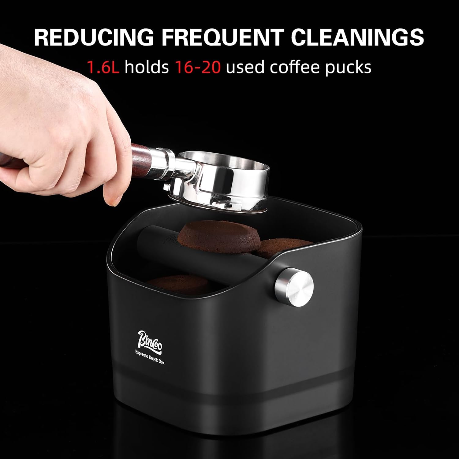 Bincoo Espresso Knock Box -1.2L(15 Cups) Knock Box, Barista Style Coffee Knock Box for Grounds with Removable Shock-Absorbent Knock Bar and Anti-Slip Base, Durable Espresso Accessories.Black