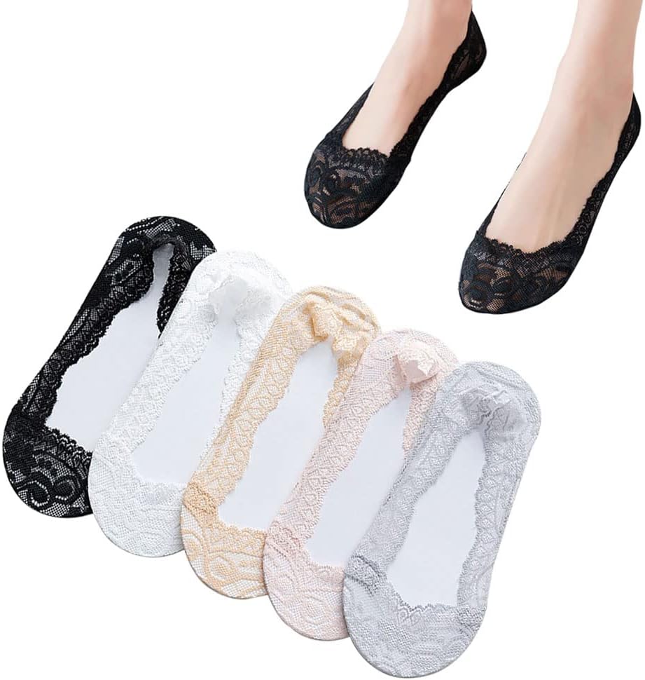 ORiTi 5 Pairs No Show Socks Low Cut Flat Invisible Liner Socks Non Slip Lace Casual Boat Socks for High Heels Flats Women Girl