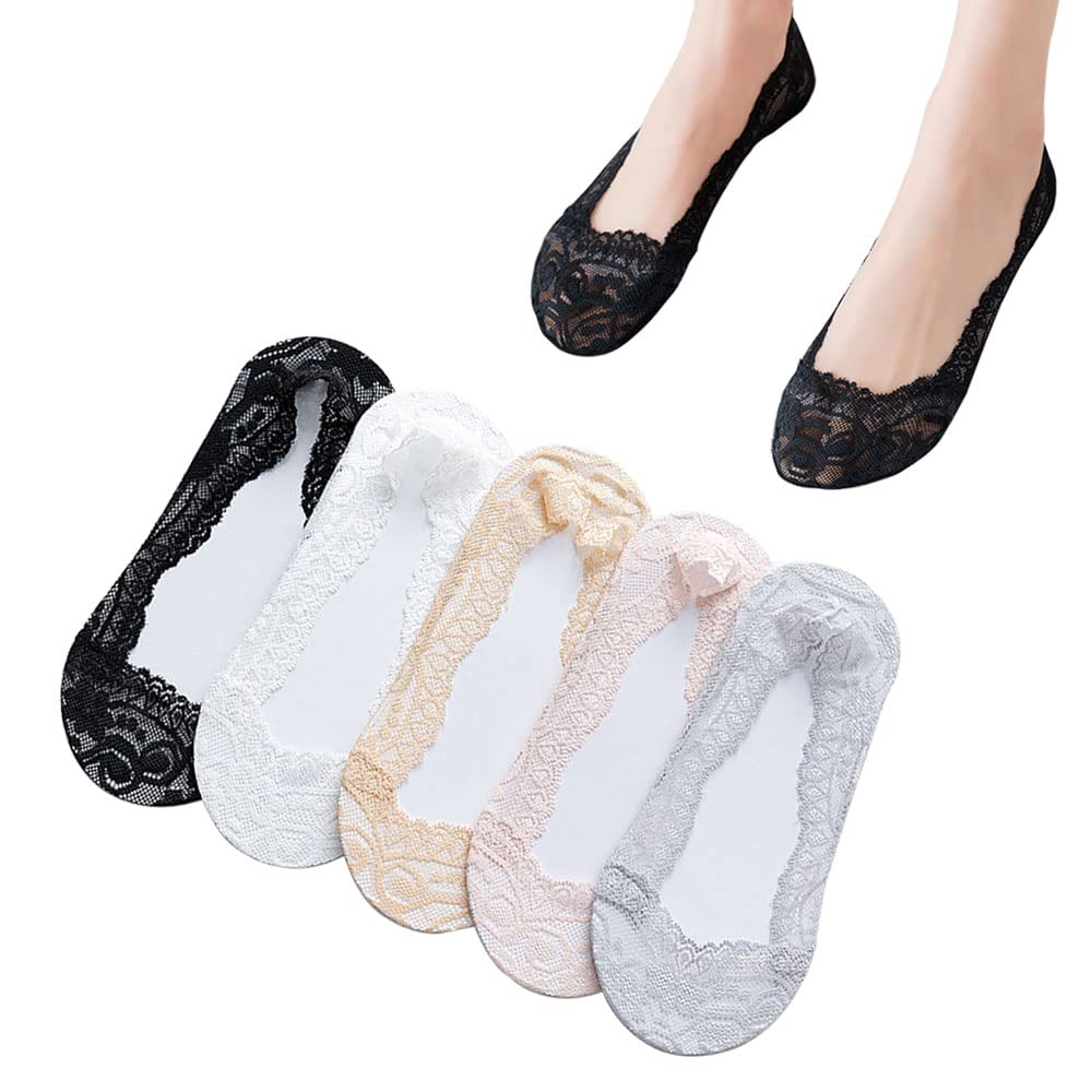 ORiTi5 Pairs No Show Socks Low Cut Flat Invisible Liner Socks Non Slip Lace Casual Boat Socks for High Heels Flats Women Girl