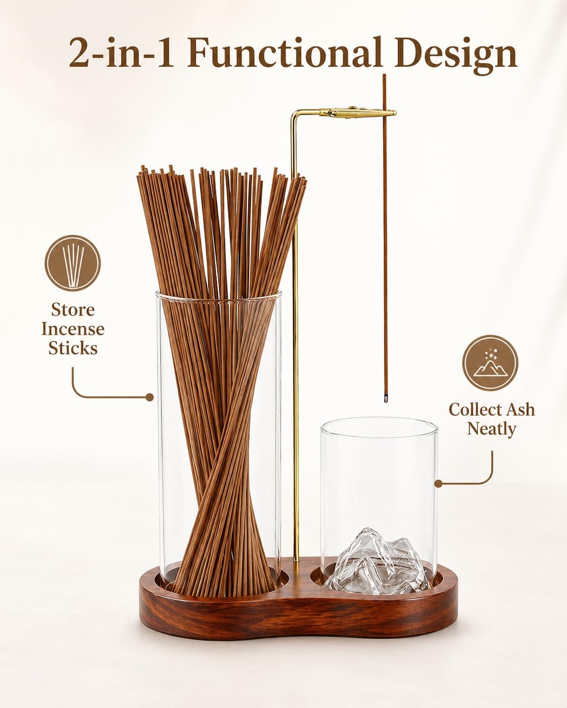 2-in-1 Walnut Wood Glass Incense Holder for Sticks, Anti-Ash Flying Incense Burner with Glass Ash Catcher & Incense Storage, Incense Stick Holder for Meditation, Yoga, Spa, and Home Decor