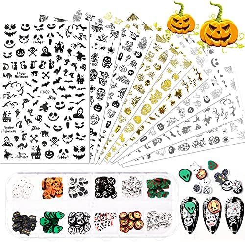 9 Sheets Halloween Nail Art Stickers, Rhdun 3D Self-Adhesive Pumpkin Skull Witch Bat Ghost Spider Nail Decals & Nail Slices for Women Girls DIY Manicure Tips Decor with Box