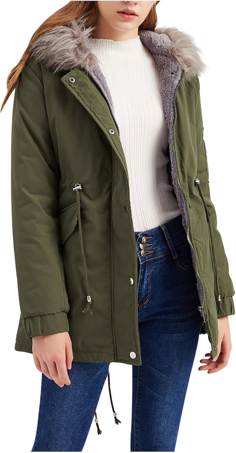 Women's Thicken Fleece Lined Parka Winter Coat with Faux Fur Hood Waterproof Jacket Anoraks Hooded Military Jacket