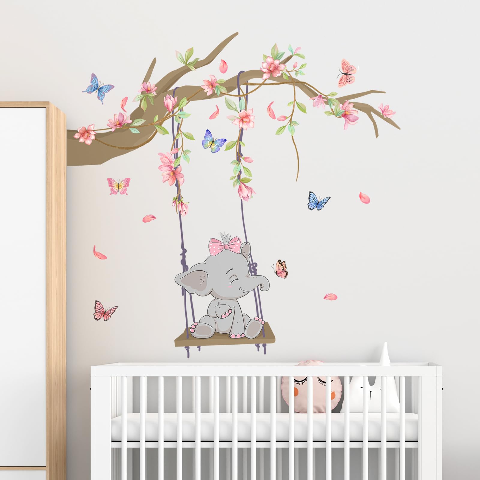 Tanlaby Rosa Columpio Elefante Vinilo Pared, Rama Flores Rosas Mariposas Pegatinas de Pared Caricatura Autoadhesivo Removible Vinilos Decorativos para Dormitorio de Niña Guardería Decoracion Pared