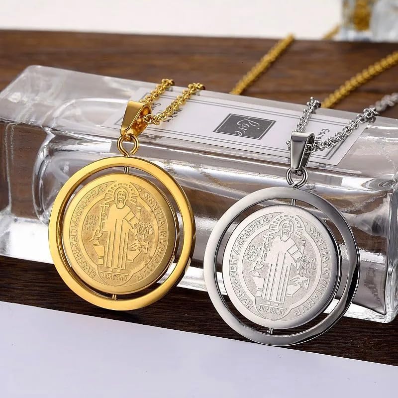Miniatura 5 de Collar de plata de ley 925 San Benito con colgante original de medalla de San Benito, oro amarillo de 18 quilates, colgantes y collares giratorios