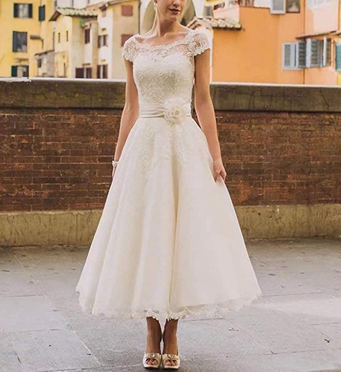 Vestido de Noche de Manga Corta en la Palabra a Elegante Vestido de Baile de Bodas de Proa Vestido de Cóctel con Encaje Largo en el Vestido, Blanco, 58