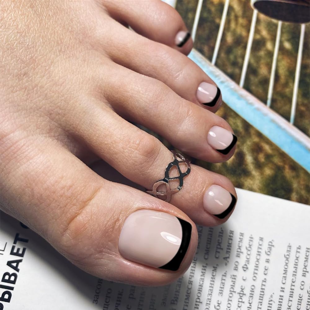 Black French Tip Press on Toenails for Women, Glossy Fake Toenail Press ons Short Square Acrylic Press on Toe Nails, Reusable Toenails Glue on Natural