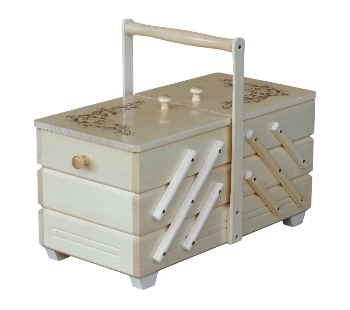 Grande Scatola da Cucito in Legno 32,5×40×22,5 cm - 7 Scomparti - Legno Naturale