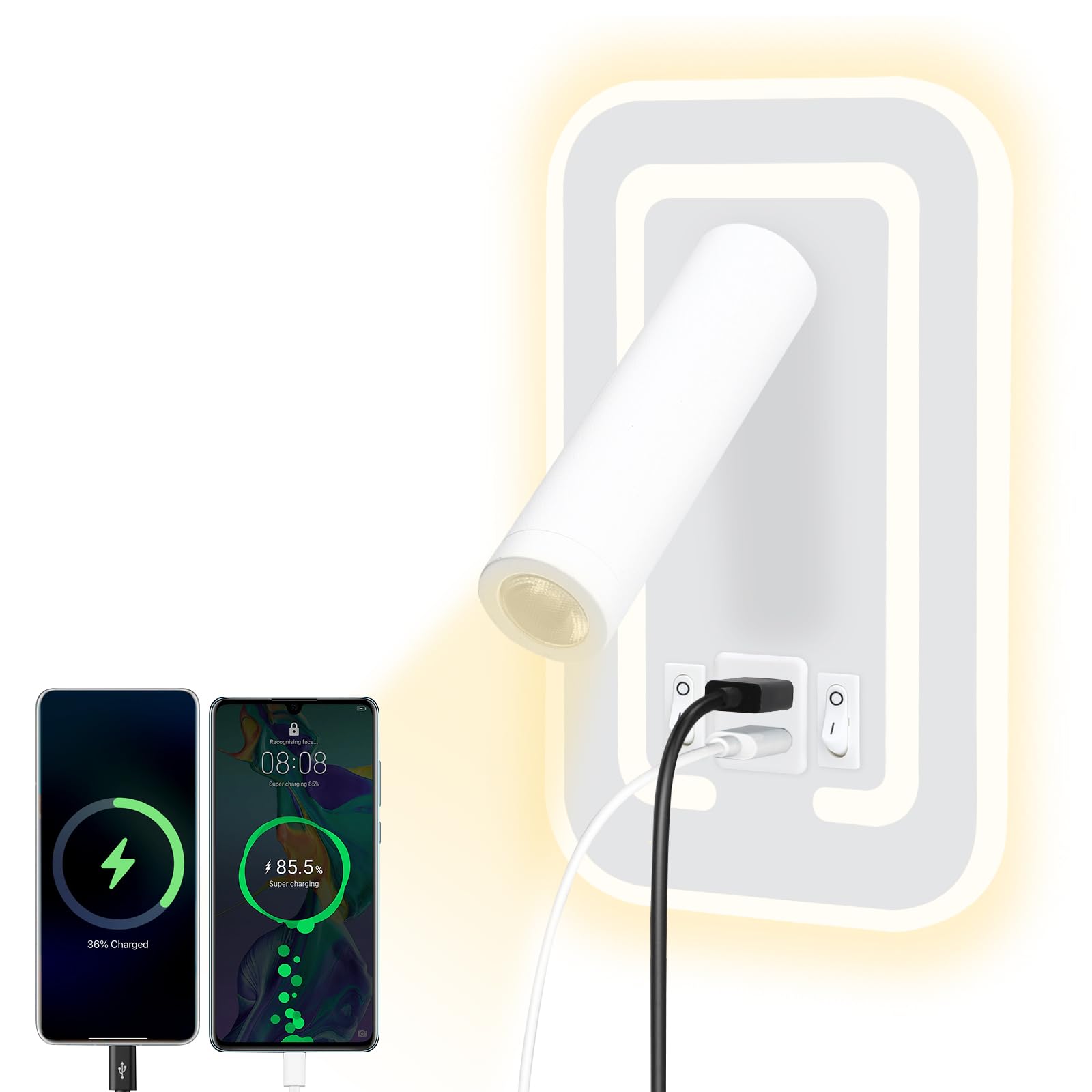 HUIZHOU Aplique de Pared LED 3W + 9W, Lámpara de Lectura con Puerto USB, Luz de Cabecero Giratoria 3000K, Flexible y Moderna para Dormitorio, Escalera y Pasillo (rectangular Blanco)