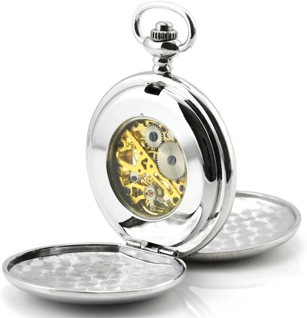 Infinite U Simple Hollow Skeleton Steel Twin-Lids Mechanical Movement Pocket Watch (Enalbe to be Engraved)